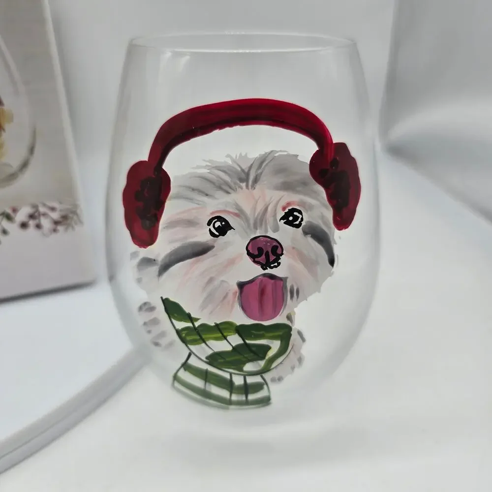 Pier 1 Hand Painted Stemless Wine Glasses Holiday Christmas Puppy Dogs Set of 4